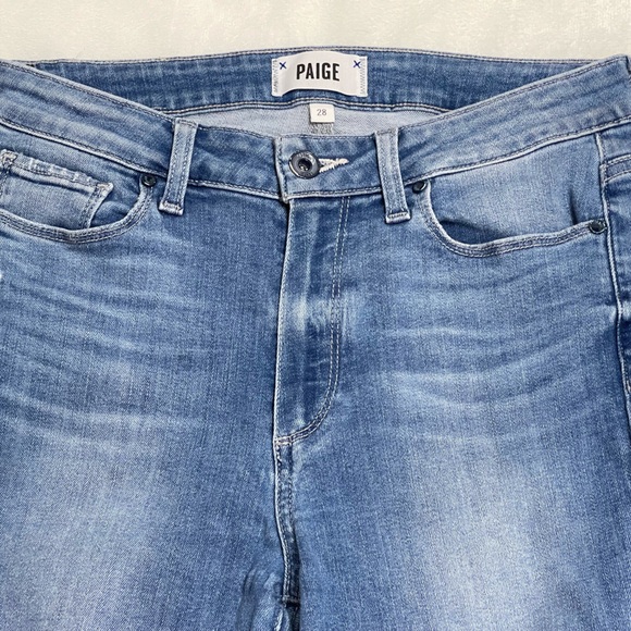 Paige Colette Crop Flare Distressed Blue Jeans w Raw Hem - Picture 9 of 16